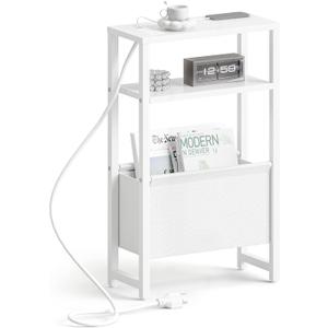 Narrow Side Table with Charging Station Slim End Table Sofa with Magazine Rack, Bedside Table for Small Spaces, 3 Tier Nightstand for Living Room Couch, Bedroom White LET503WE