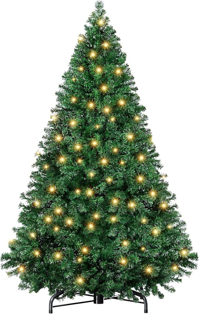 Sweetcrispy 4.5ft Christmas Tree with Lights, Green Pre-lit Artificial Christmas Tree with 347 Branch Tips, 120 Incandescent Lights & Foldable Base for Home, Office, Party