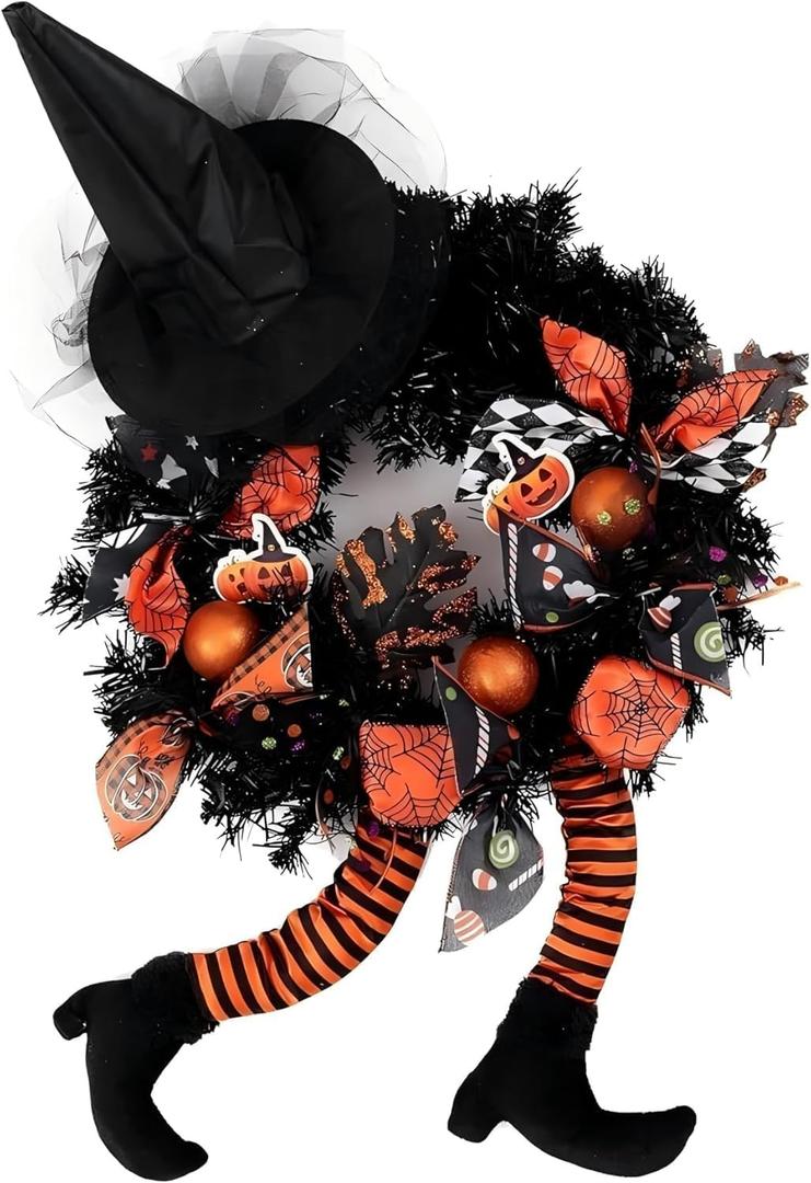wlflash Happy Halloween Wreath for Front Door Decoration with Skeleton Artificial Bone Orange Ornaments Maple Leaf for Party Decor (Halloween Orange)