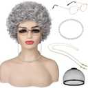 Guree Hair Granny Wig for Old Lady Costume Short Grey Grandma Wigs for Women 100 Days of School Cosplay Party Halloween Use (5pcs Set)