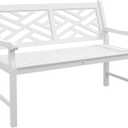 Outsunny Outdoor Garden Bench, Wooden Frame Patio Bench with Geometric Pattern, 43.25 Inch Weatherproof 2-Person Love Seat for Garden, Lawn, Porch, Yard, Work Entryway, White