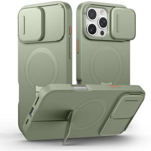 SURITCH for iPhone 16 Pro Max Case with Magnetic Camera Slide Cover and Adjustable Kickstand, Compatible with MagSafe, Shockproof Bumper Case Slim Protective Cover 6.9 Inch, Green