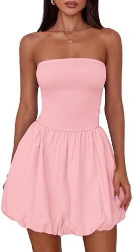 MASCOMODA Womens Strapless Bubble Mini Dress Summer Tube Top Sundress Casual Off Shoulder A Line Party Short Dresses Vacation, XL