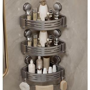 VOLPONE Corner Shower Shelf Suction Cup Shower Caddy Corner No Drilling Bathroom Shower Organizer Storage Rack Adhesive with Towel Bar (3Pack, Gray)