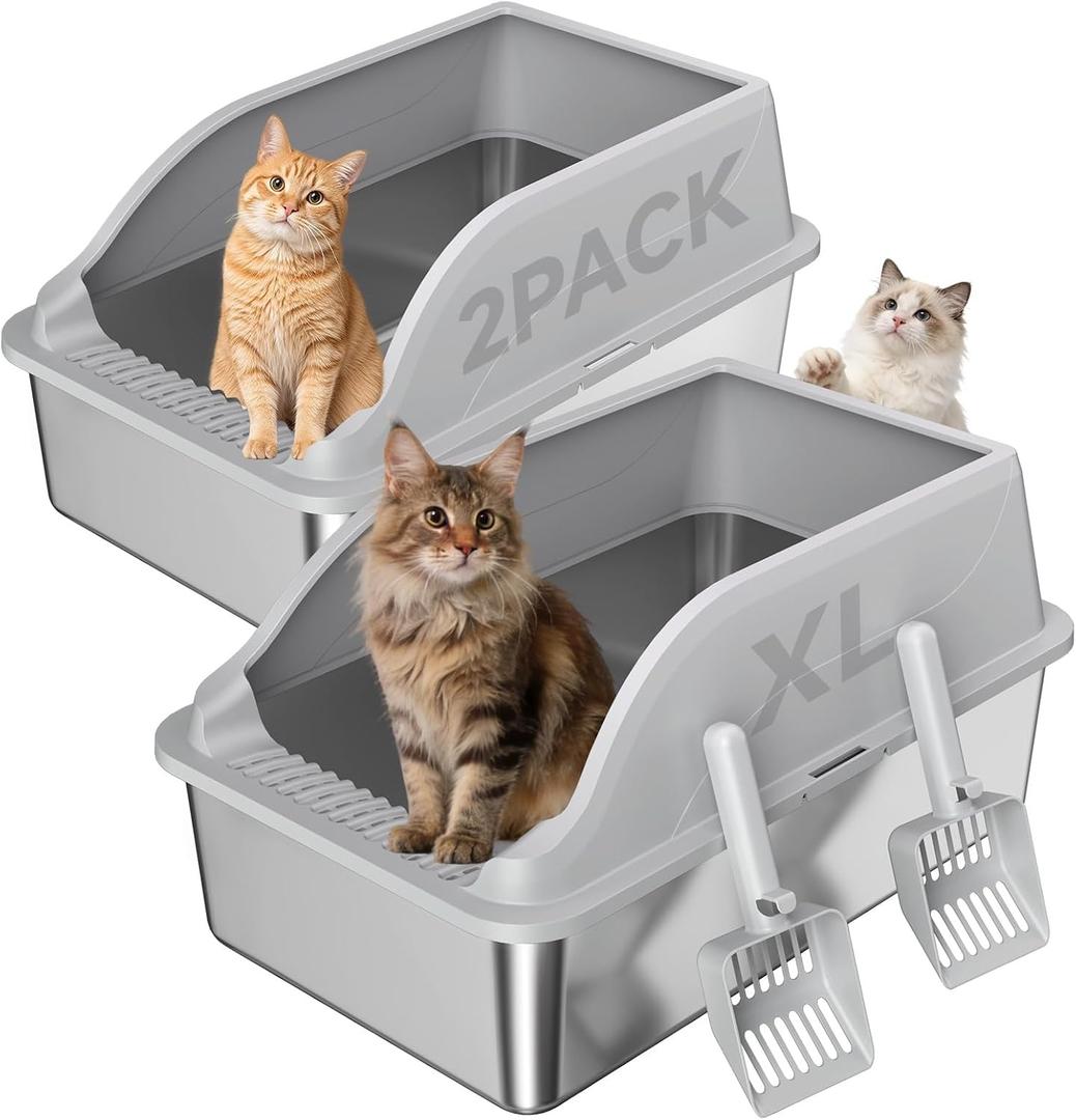 2PACK Stainless Steel Cat Litter Boxes, XL Large Metal Litter Box with High Sides Lid, Odor Free Litter Pan Include Scoop Easy Cleaning Anti-Scratch Kitty Cat Box Anti-Urine Leakage, Non-Sticky
