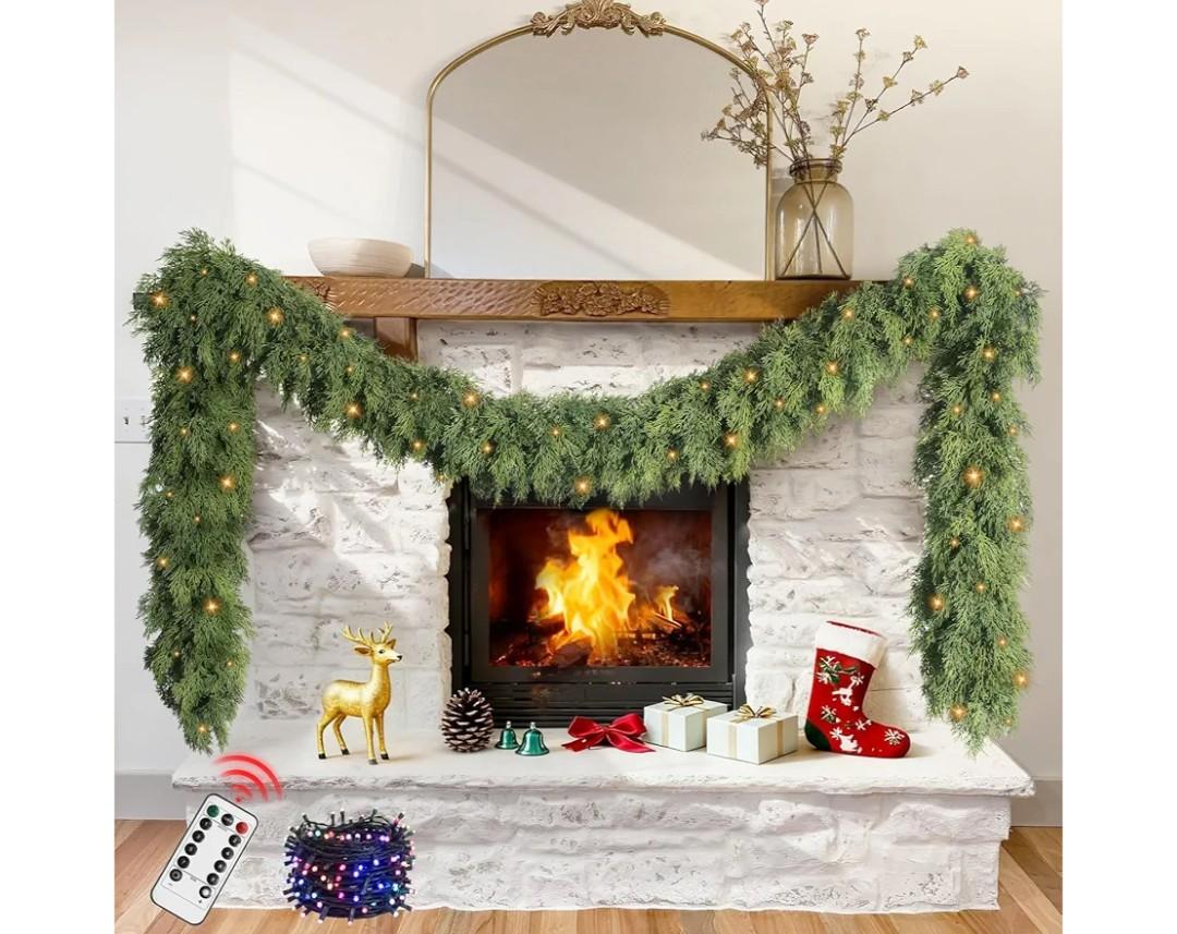 Christmas Cedar Garland with Lights for Mantle - Real Touch 9 Ft Artificial Realistic Faux Pine Garlands for Decoration Outdoor Stairs Railing Fireplace Garland Door Decor