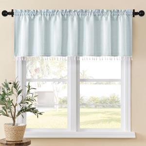 Home Queen Boho Striped Linen Window Curtain Valance with Tassel for Kitchen Bedroom Bathroom Farmhouse Curtain Valence Light Filtering Curtain Topper, 54W x 18L, Blue Gray (Grey)