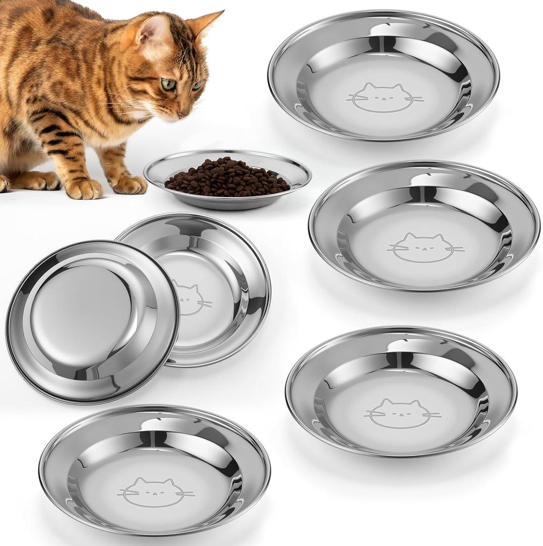 6 Pcs Stainless Steel Cat Bowls, Shallow Cat Dish, Metal Kitten Food Water Bowls for Small Pets, Dishwasher Safe, 6 Set