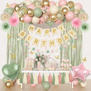 Pink and Green Birthday Decorations, Sage Green Pink Sand White Gold Balloons Happy Birthday Banner Fringe Curtains Butterfly Hanging Swirls Circle Dots Tassels Pompoms for Women Girls Party Supplie