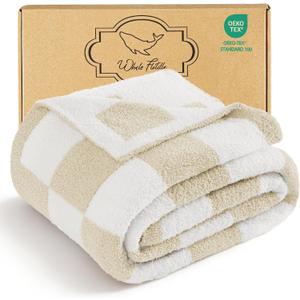 Whale Flotilla Checkered Knit Throw Blanket, Ultra Soft Warm Reversible Cozy Decorative Blankets for Couch Sofa and Bed, 50x60 Inch, Camel