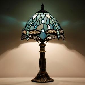 Small Tiffany Lamp Stained Glass Desk Lamp Vintage Tiffany Bedside Table Lamp for Home Living Room Bedroom Nightstand 8X15 Inch (Yellow Fish Scale Style) (Sea Blue Dragonfly)