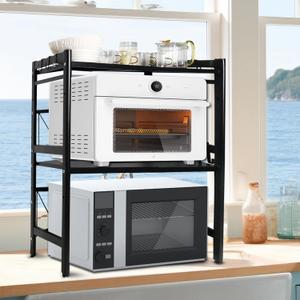 3-Tier Microwave Oven Rack, 15.7~23.6" Expandable Microwave Stand, Countertop Utensils Tableware Storage, Heavy Duty Carbon Steel Kitchen Organizer Shelf w/6 Hooks and Cutting Board Holder