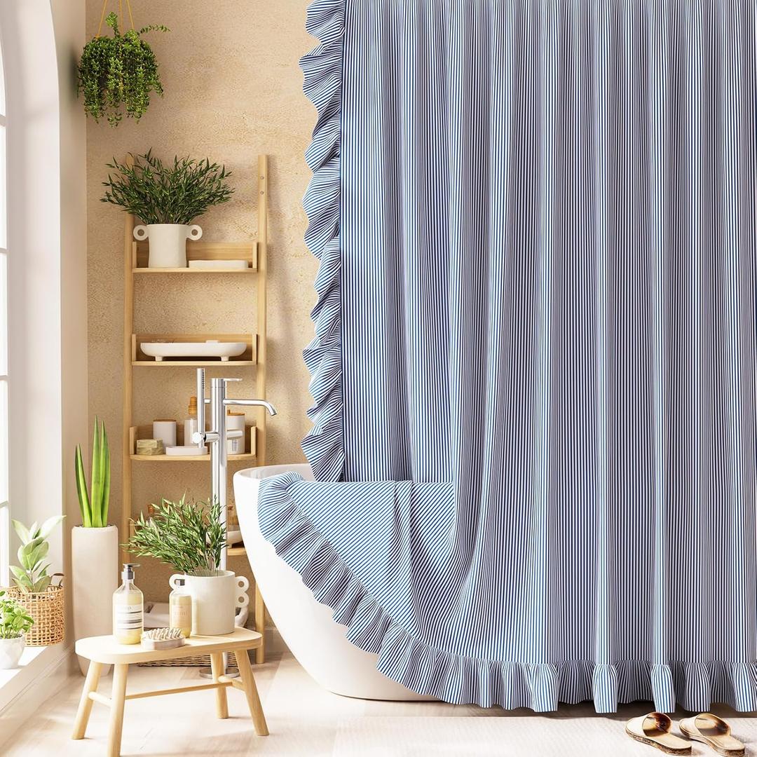 Bathway Ruffle Shower Curtain with Three-Side Ruffle, Navy Blue White Striped Farmhouse Boho Curtains, Soft Flowy Layered Fabric, Elegant Rustic Style, Water Repellent, 12 Metal Hooks, 72" W x 72" L