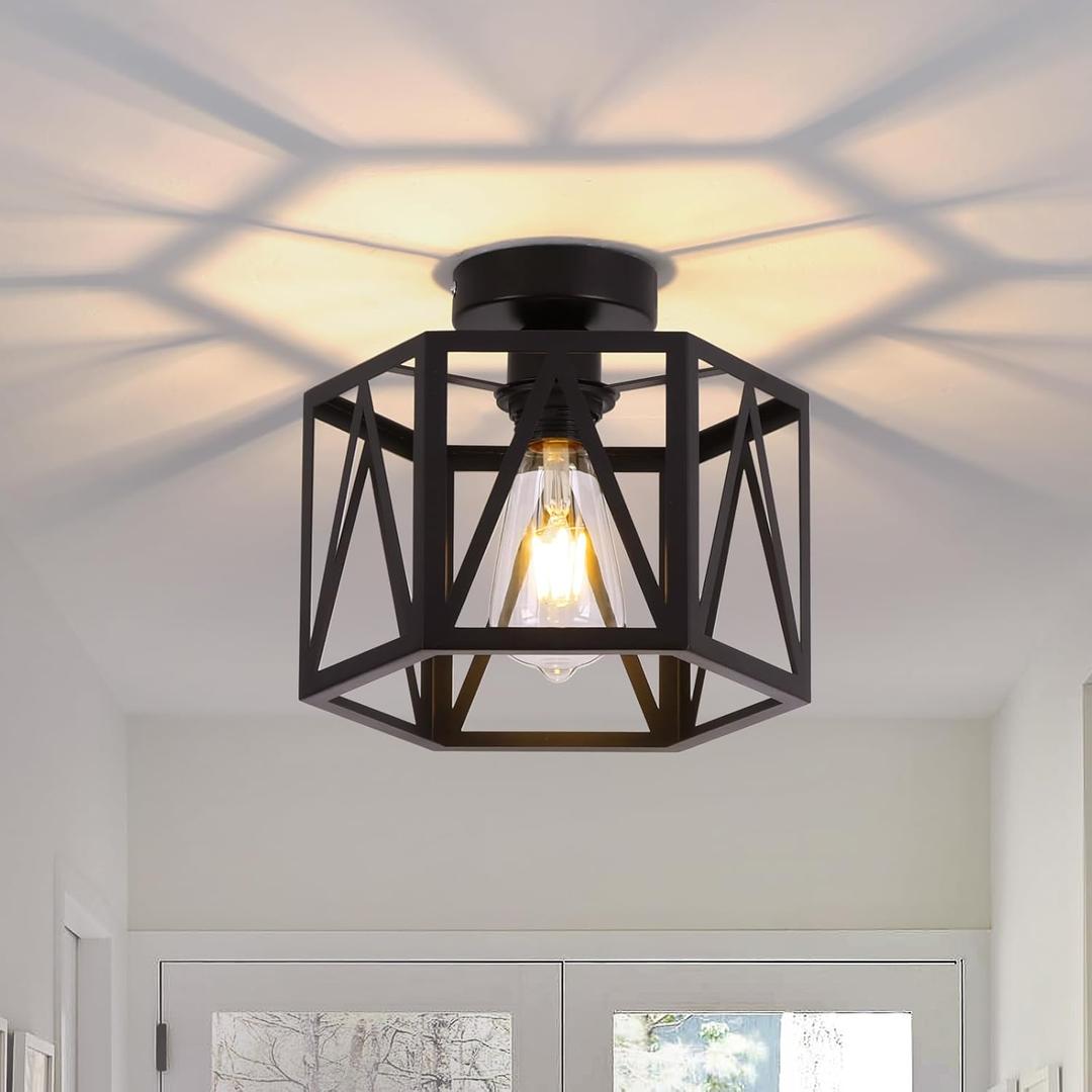 Farmhouse Semi Flush Mount Ceiling Light, Industrial Black Hallway Light Fixture, Small Metal Cage Close to Ceiling Lights for Kitchen