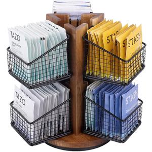 HTB Carousel Tea Bag Organizer for Counter, 2 Tier Tea Bag Holder with 6 Removable Tea Baskets and Acacia Wood Station, Tea Organizers and Storage for Cabinet, Countertop