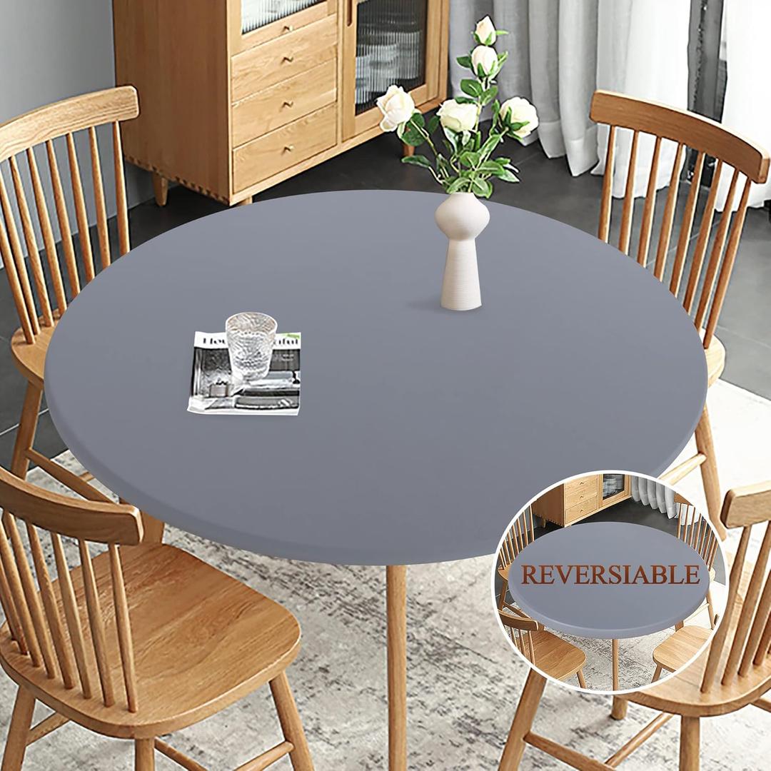 Obstal Fitted Round Table Cloth, Reversible Waterproof Stain Resistant Elastic Stretch Tablecloth, Wipe Clean Table Cover for Outdoor/Indoor Use, Fits Round Tables up to 40" - 44" Diameter, Grey