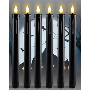 Homemory Black Flameless Taper Candles Flickering, NO Remote, 9.6 Inches Battery Operated, 6 Pcs Realistic Electric LED Candlesticks Made of Plastic for Halloween Party Home Decor