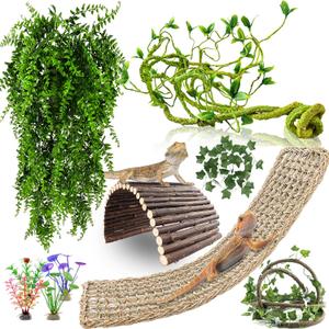 RUNANIA Bearded Dragon Tank Accessories, 10 PCS Reptile Hammock Plants Bridge Jungle Climber Vines for Snakes Bearded Dragon Chameleon Gecko Lizard