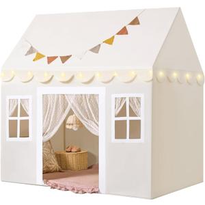 Tiny Land Play Tent with Padded Mat & LED Lights, Kids Tent, Playhouse for Kids, Indoor Bed Tent for Toddler, Toys for 3,4,5,6-Year-Old Girls, Neutral Color Play Room Furniture (Off-white)
