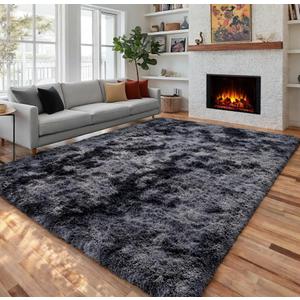 Abstract Shaggy Area Rug 4' x 6' Plush Furry Rugs for Living Room, Tie-Dyed Dark Grey Soft Fluffy Rugs for Bedroom Grils Boys, Fuzzy Rug for Nursery, Dorm. Shag Carpet for Kids Room Decor