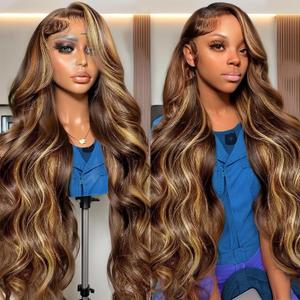 Honey Blonde Ombre Lace Front Wig Human Hair Highlight Body Wave Lace Front Wigs Human Hair Pre Plucked 200 Density Glueless Wig 13X6 HD Lace Frontal Wig for Women 4/27 Colored 30 Inch