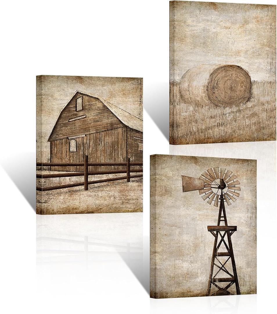 Apicoture Vintage Country Landscape Canvas Wall Art Rustic Barn Windmill Wall art Framed Countryside Farmhouse Paintings Wall Decor,12"x16"x3 Panels