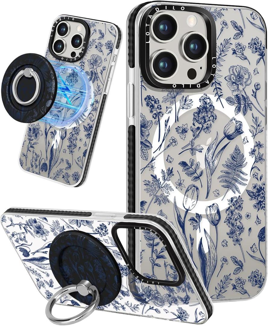 Lotadilo for iPhone 15 Pro Max Case for Women - Girls Cute Design Compatible with Magsafe Magnetic Ring Holder Stand Line Flower Phone Covers Aesthetic Girly TPU Funda for 15 Pro Max