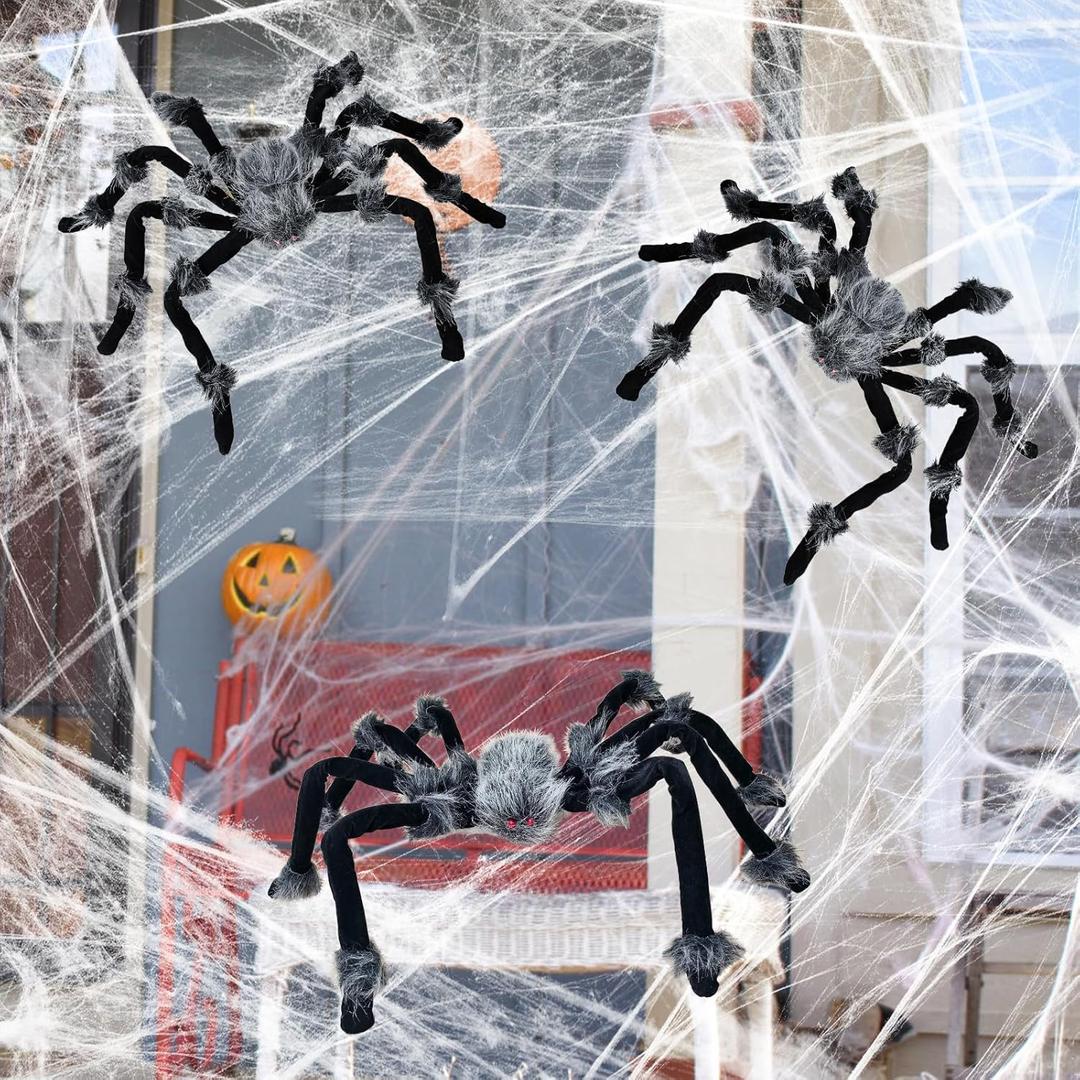 3 Pack Spiders Halloween Decorations, 27in Halloween Indoor and Outdoor Decoration Furry Horror Spider Set for Yard, Porch, Haunted House, Party