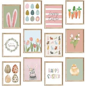 FYSUIMU 12Pcs Easter Wall Art Prints Boho Bunny Egg Rabbit Carrot Chick Art Poster Pastel Spring Wall Decor for Gallery Living Room Bedroom (Unframed, 8 x 10 Inch)