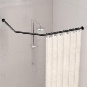 Corner Shower Curtain Rod, Diamond Shaped [Both Sides: 22" - 34.8", Middle: 28" - 43.7"] Adjustable Bathroom Bathtub Shower Rod with 12 Hooks & Ceiling Support (Matte Black)