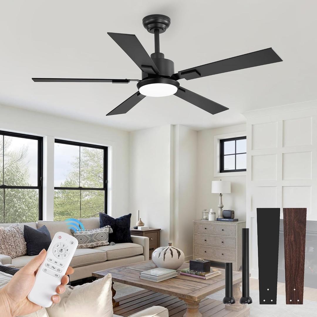 ZMISHIBO 52 inch Black Ceiling Fans with Lights and Remote, Indoor/Outdoor Modern Ceiling Fan for Bedroom Living Room Patio, 6 Speed Reversible Quiet DC Motor, 3 CCT, Dual Finish Blades, Black & Walnut