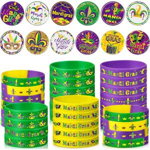 3 x Censen 72 Pcs Mardi Gras Party Favors Garland Crown Mask Sign Silicone Bracelet Rubber Wristband Masquerade Button Badges Pins for New Orleans Themed Fat Tuesday Carnival Supplies