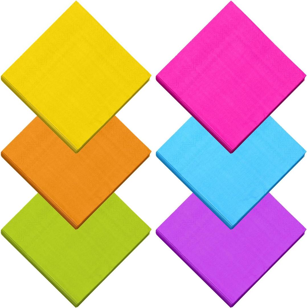 Resinta 120 Pieces Cocktail Napkin Neon Napkins Beverage Luncheon Paper Napkins 2 Ply for Party Favors, 6 Colors (Green, Blue, Orange, Rose Red, Purple, Yellow)