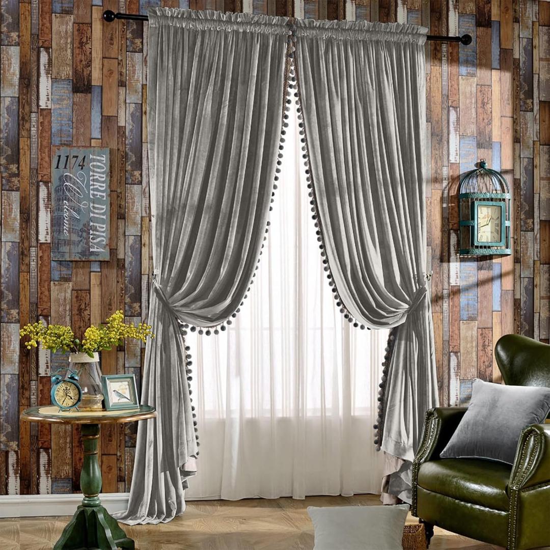 Melodieux Luxury Pom Poms Velvet Curtains for Bedroom Living Room, Vintage Room Darkening Rod Pocket Window Decorative Drapes, 52" W x 84" L, Gray (2 Panels)