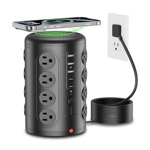 Power Strip Tower, TenTrend 16 Outlets and 5 USB Ports (2 USB-C), 2000 Joules Charging Station, 6FT Flat Plug Extension Cord for Home Office Dorm Room Essentials, Black