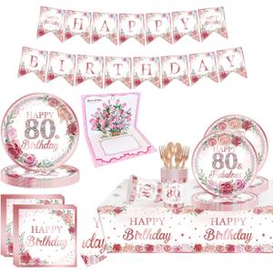 DWEARY floral 80th birthday decorations for women - 20 Guests - happy 80th party plates and napkins with birthday card - flower rose gold 80 year old decor supplies