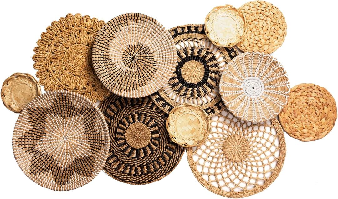 Laquedecraft Set 12 Boho Wicker Rattan Plate Basket Set For Dcor Hanging Wall | Large Woven Farmhouse Rustic Bohemian Art Baket Hangings For Decorative Home, Bedroom, Living Room, Kitchen, Bathroom (Classic, 12)