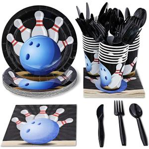 Juvale Kids Bowling Birthday Party Supplies - Set of 24 Serve Plate, Knives, Spoons, Forks, Napkins & Cups for Bowling Birthday Party Decorations