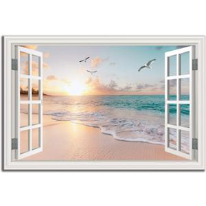 Beach Wall Art Picture for Living Room - Window Frame Style Canvas Wall Decor Ocean Sunset - Blue Sea and White Sand Painting on Canvas for Bedroom Office Home Decoration (36L" x 24W")