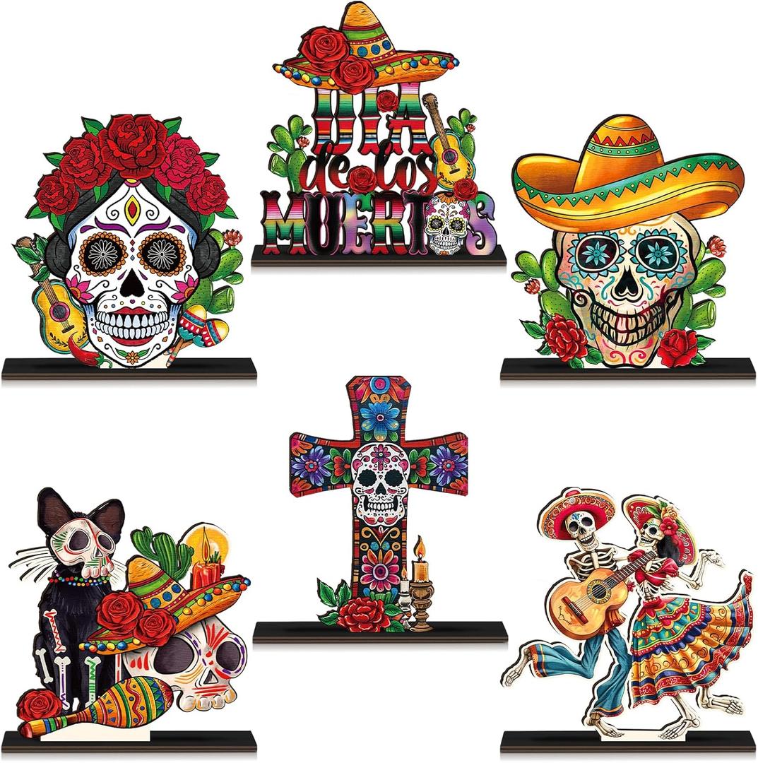 Amyhill 6 Pcs Day of The Dead Table Decorations Dia De Los Muertos Wooden Centerpiece Dancing Couple Sugar Skull Wooden Sign Day of The Dead Mexican for Fiesta Carnival Halloween Tiered Tray