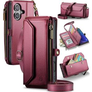 Strapurs Wallet Case Compatible with iPhone 16 Plus 6.7" RFID Blocking 10-Card Holder Soft PU Leather Magnetic Snap Shoulder Strap Zipper Pocket Phone Case Fit for iPhone 16 Plus - Wine Red