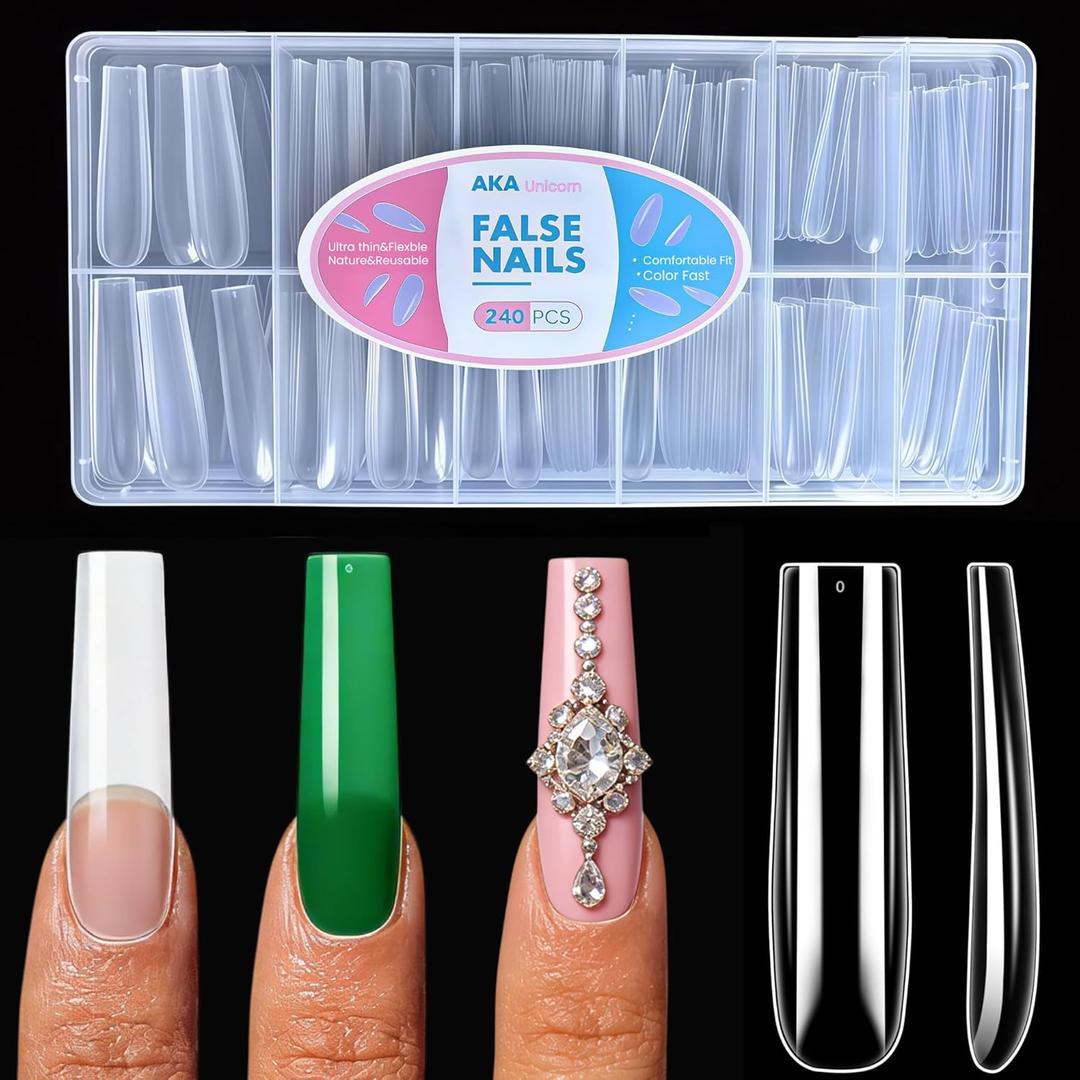 240Pcs Soft Gel Nail Tips, Long Square Clear Full Cover Fake Nails, XXL Acrylic Nail Extensions Kit, Clear Press On Nails Tips for Home DIY & Beginner, 12 Sizes