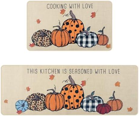 KIMODE Kitchen Rugs Non Slip Washable 17"x47"+17"x29", Fall Pumpkin Kitchen Rugs Sets of 2, Halloween Rugs for Kitchen Floor, Absorbent Kitchen Floor Mats for Sink Laundry Desk Beige Maple Leaf