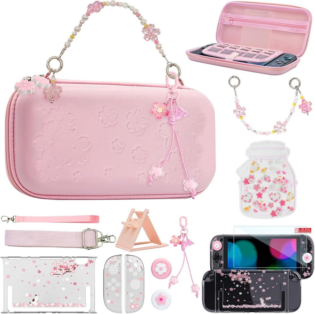 VirgoCCY Pink Carrying Case Set for Switch 2 2025, with Silicone j-con Covers, Thumb Grip Caps, Screen Protector, Sakura Hand Strap and stickers for Girls Women,Sakura-Pink
