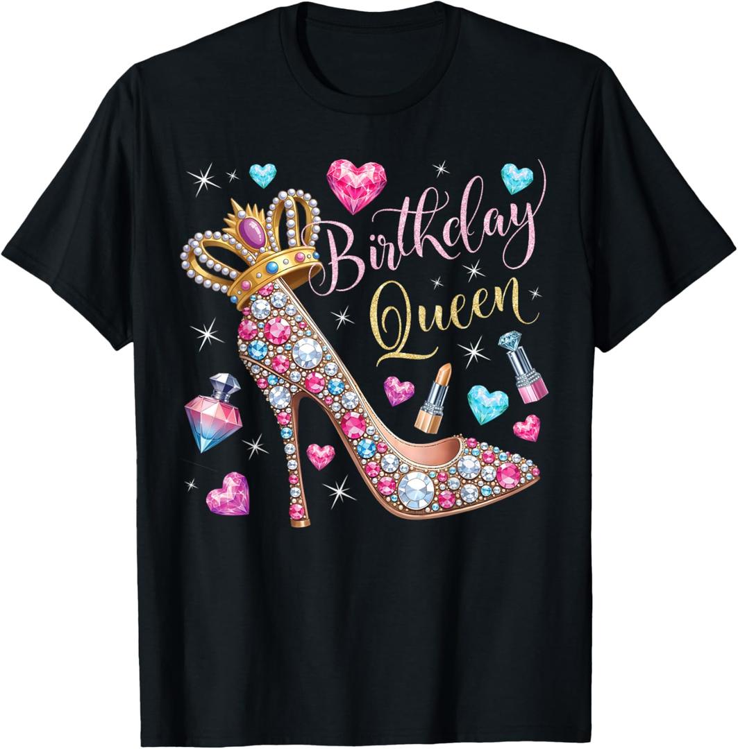 Birthday Queen Crown High Heel Hearts Stars Women Girls T-Shirt, Small