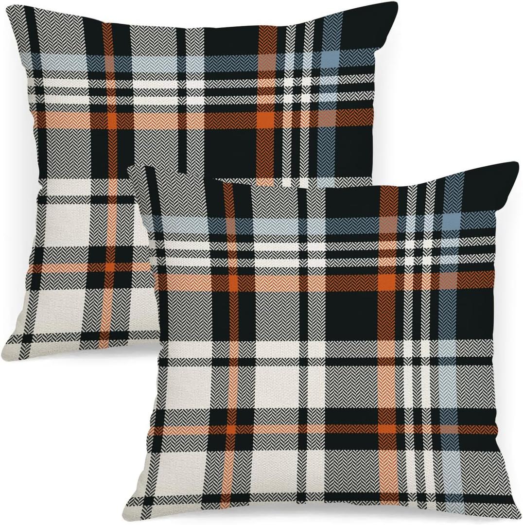 Fall Plaid Pillow Covers 18x18 Set of 2 Black Orange Check Plaid Tartan Gingham Autumn Themed Decorative Throw Pillows Outdoor Pillowcases Square Farmhouse Cushion Thanksgving Home Decor
