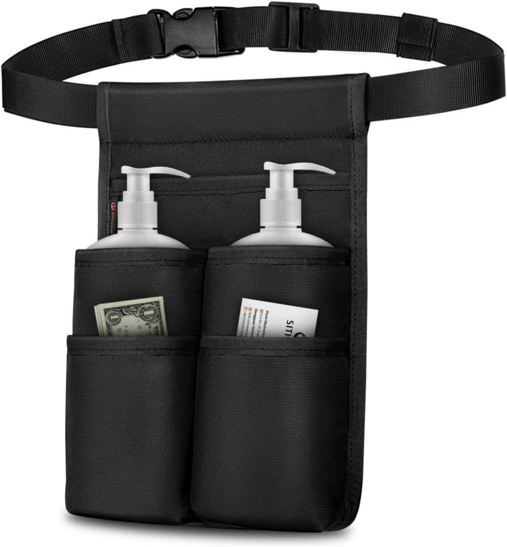 SITHON Massage Bottle Bag, Professional Massage Therapist Holster for 2 Bottles, Lotion Oil Waist Holder Organizer with Adjustable Belt, Multiple Pockets (Bag Only) (Black)