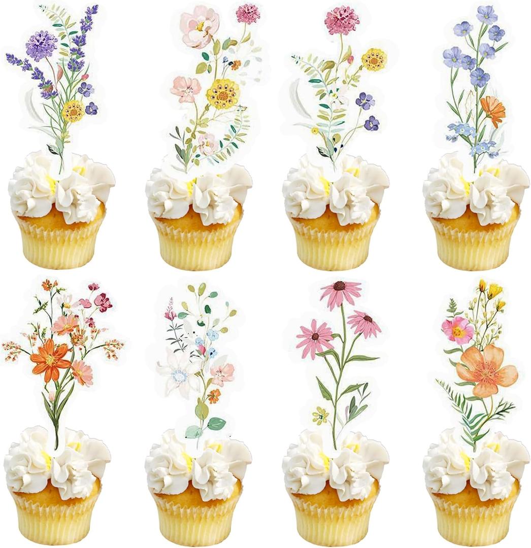 36pcs Wildflower Cupcake Toppers Cake Decor Baby In Bloom Baby Shower Cake Toppers for Women Birthday Bridal Shower Wedding Party Decoration