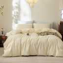 FOSSA Striped Duvet Cover Set 100% Washed Cotton Linen Feel Super Soft Breathable Cozy 3 Pieces Bedding Sets Pastel Yellow Classic Stripes Queen