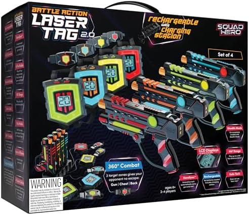 Squad Hero Rechargeable Laser Tag 360° Sensors + LCDs - Set of 4 - Easter Gift Ideas for Kids Teens and Adults Boys & Girls Family Fun - Cool Teenage Lazer Group Activity, Teen Gifts Ages 8+ Year Old